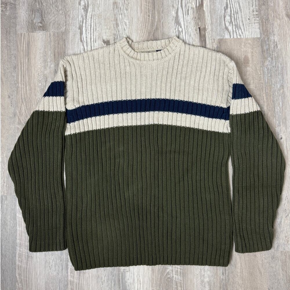 GAP Men’s Green Cream Blue Colorblock Ribbed Cotton Crewneck Sweater L